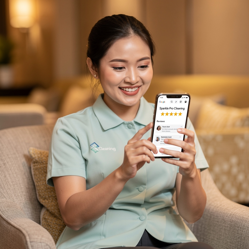 Cleaner looking at their completed Google Business Profile on a mobile phone, smiling