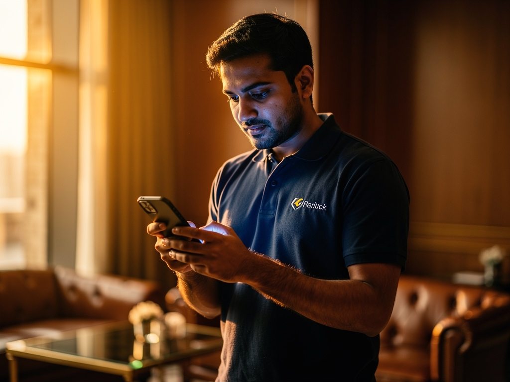 Tradesperson checking their Google Business Profile on a smartphone